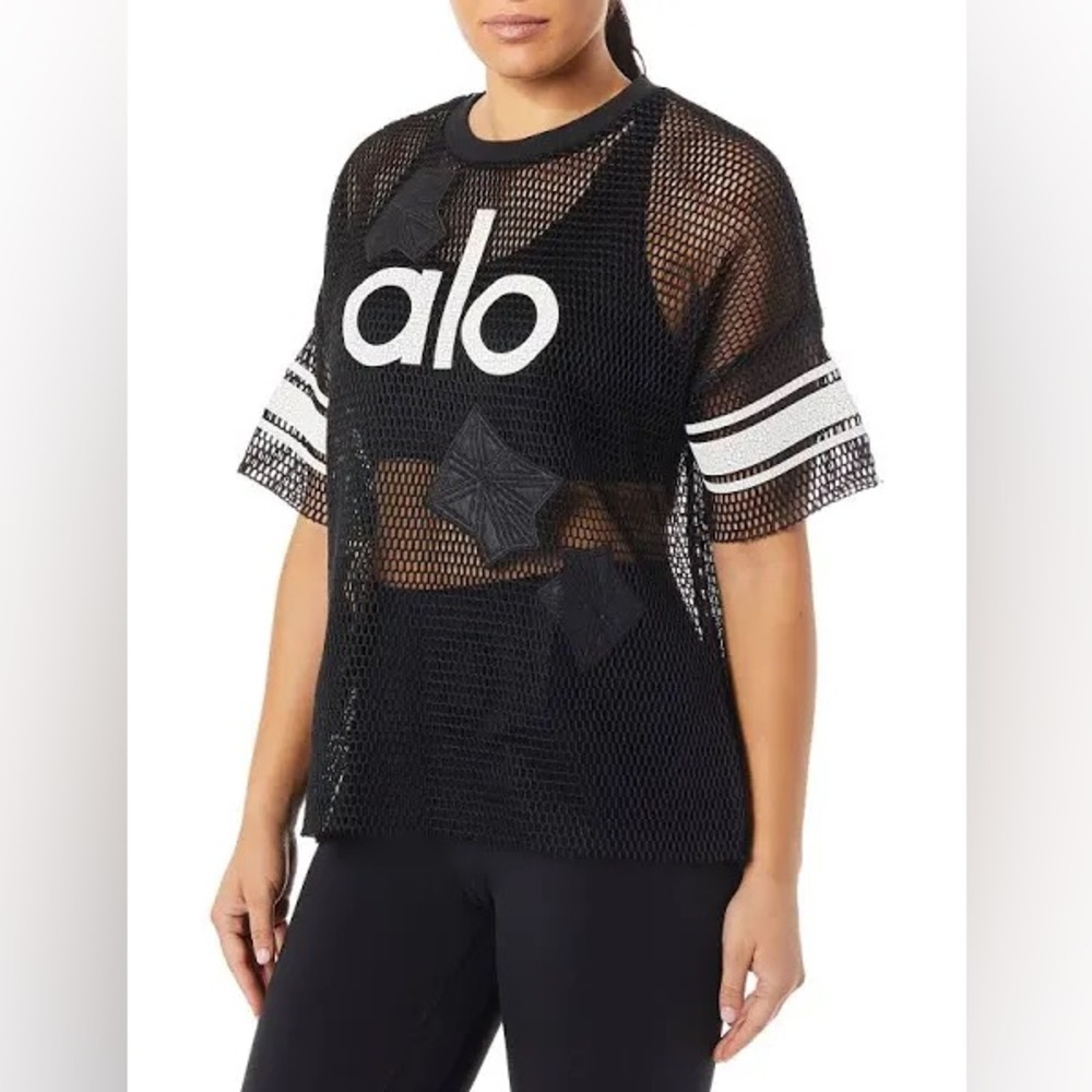 BNWT Rare 🦄 ALO Yoga Jersey Short Sleeve Top Size Medium Crackle Black White